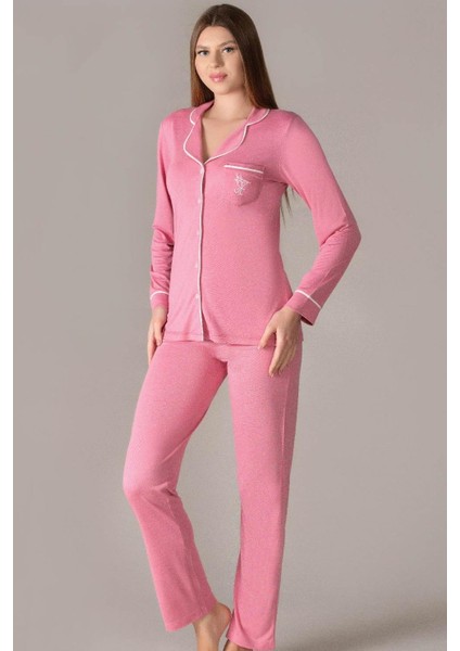 Boydan Düğmeli Uzun Kol Pijama Takımı Gömlek Flz 89-97