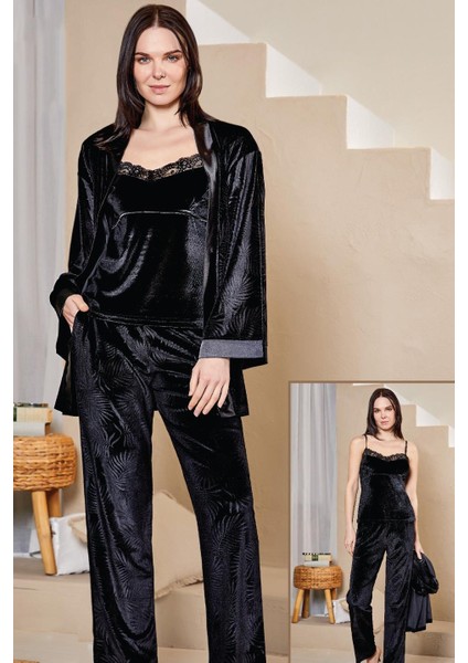 Kadife Sabahlıklı Ip Askılı Pijama Takım Kendinden Desenli Şık ve Zarif Flz 31-109 modelleri