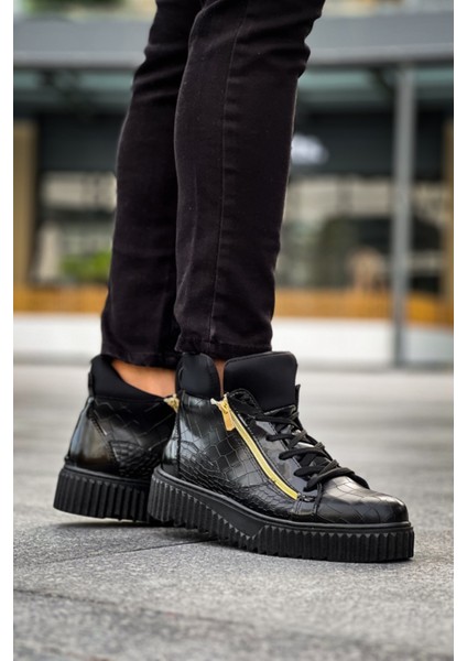 ET-S-512 Kalın Yüksek Siyah Taban Çift Fermuarlı Siyah Erkek Spor Bot