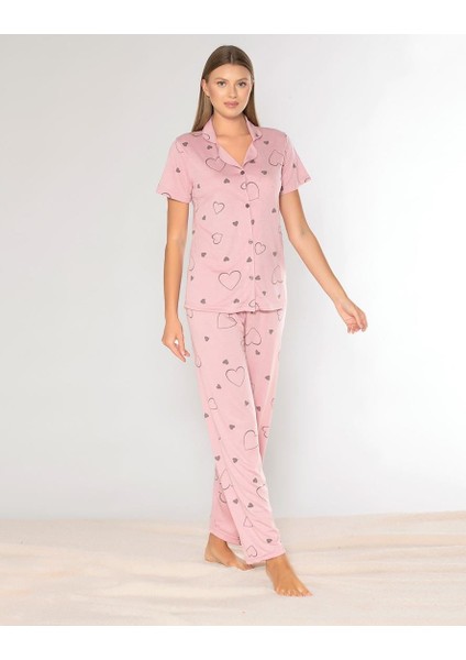 Boydan Düğmeli Kısa Kol Kalp Desenli Pijama Takımı Alperi 780-41