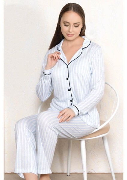Boydan Düğmeli Mevsimlik Uzun Kol Gömlel Pijama Takımı Viskon Alperi 790-15