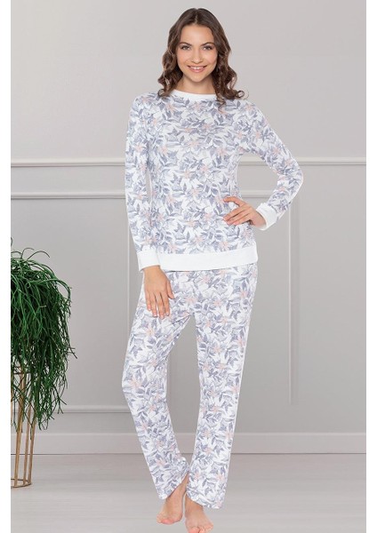 Desenli Uzun Kol Jakarlı Kumaş Yumuşak Kışlık Şık Zarif Pijama Takım Dowry 09-163 fiyatları