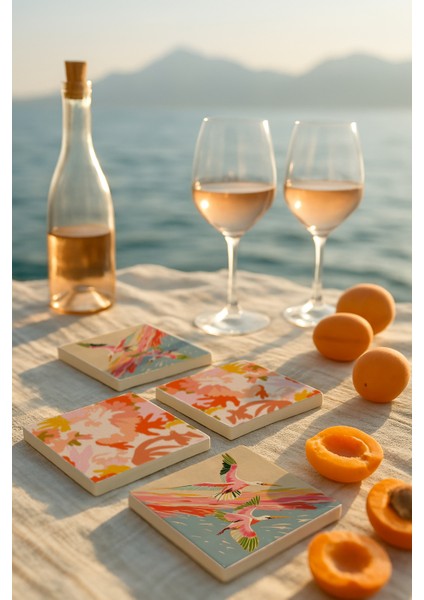 Renkli Leylek Kuş ve Doğa Desenli Doğal Taş Bardak Altlığı 4’lü Set 10X10 cm