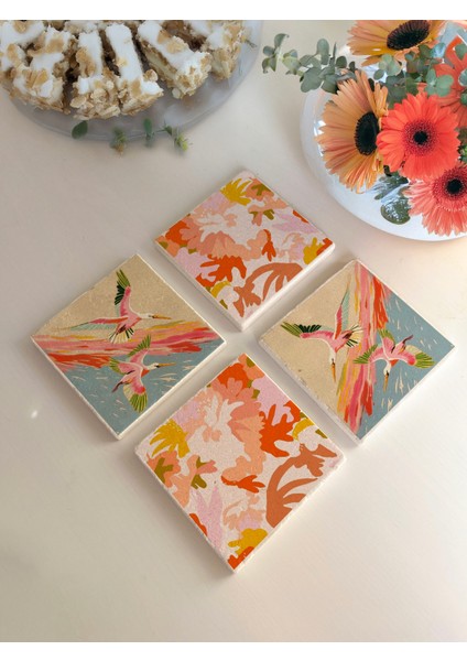 Renkli Leylek Kuş ve Doğa Desenli Doğal Taş Bardak Altlığı 4’lü Set 10X10 cm fiyatları