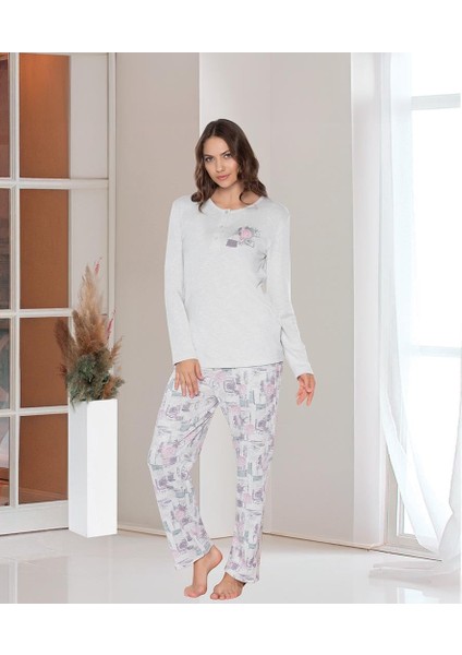 Uzun Kol Jakarlı Kumaş Yumuşak Kışlık Şık Zarif Pijama Takım Dowry 09-167