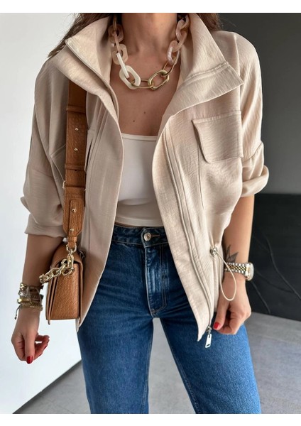 Qimene Kadın Iri Cepli Beli Büzgülü Bol Yakalı Düz Oversize Mont modelleri