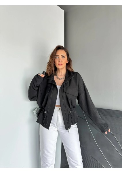 Qimene Kadın Iri Cepli Beli Büzgülü Bol Yakalı Düz Oversize Mont