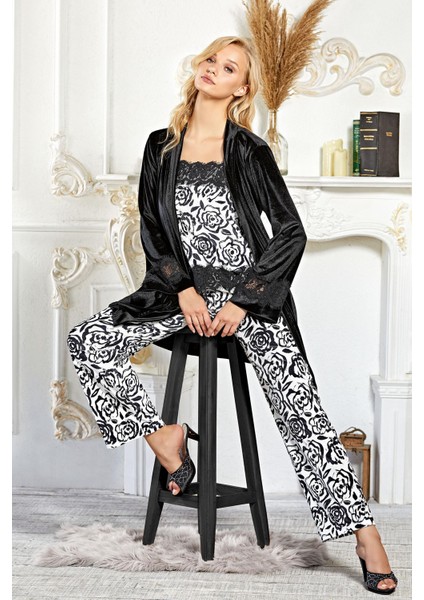 Kadife Sabahlıklı Pijama Takım 3lü Set Şık ve Zarif Flz 31-95