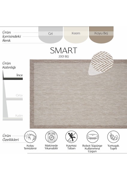 Smart 2001 Bej Kilim Halı Makinede Yıkanabilir İnce Kaymaz Taban Halı Dokuma Yazlık Balkon Kilimi