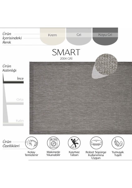 Smart 2004 Gri Kilim Halı Makinede Yıkanabilir İnce Kaymaz Taban Halı Dokuma Yazlık Balkon Kilimi fiyatları