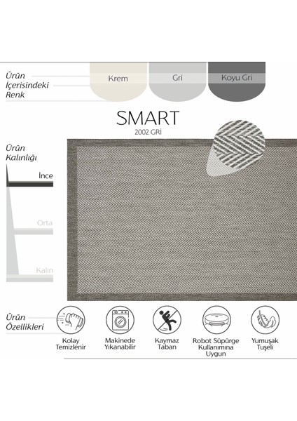 Smart 2002 Gri Kilim Halı Makinede Yıkanabilir İnce Kaymaz Taban Halı Dokuma Yazlık Balkon Kilimi