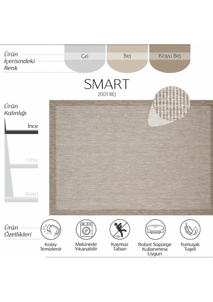 Smart 2003 Bej Kilim Halı Makinede Yıkanabilir İnce Kaymaz Taban Halı Dokuma Yazlık Balkon Kilimi