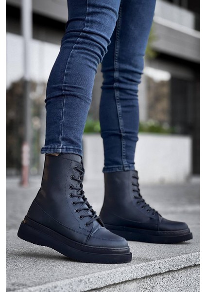 KB-0991 Kuback Siyah Cilt Siyah Yüksek Taban Bağcıklı Postal Bot