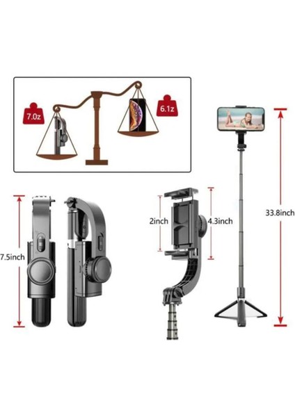 Q08 Siyah Gimbal 360 Derece Uzaktan Kumandalı Taşınabilir Selfie Çubuğu Tripod
