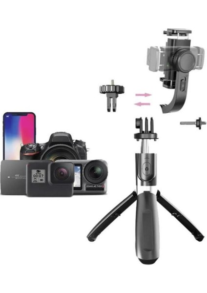 Q08 Siyah Gimbal 360 Derece Uzaktan Kumandalı Taşınabilir Selfie Çubuğu Tripod