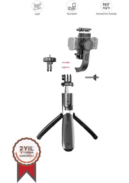 Q08 Siyah Gimbal 360 Derece Uzaktan Kumandalı Taşınabilir Selfie Çubuğu Tripod