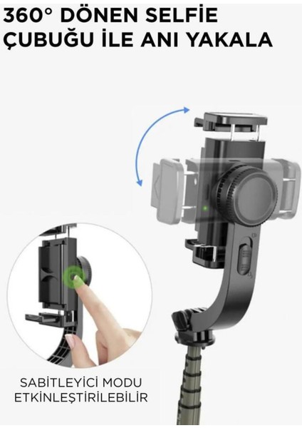Q08 Siyah Gimbal 360 Derece Uzaktan Kumandalı Taşınabilir Selfie Çubuğu Tripod
