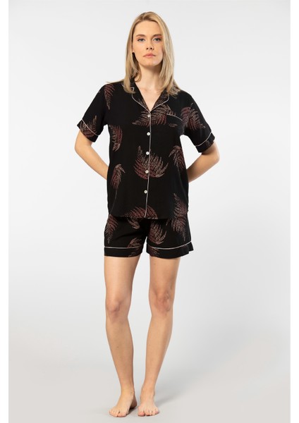 Kadın Desenli Dokuma Şort Pijama Takım 3605/SIYAH