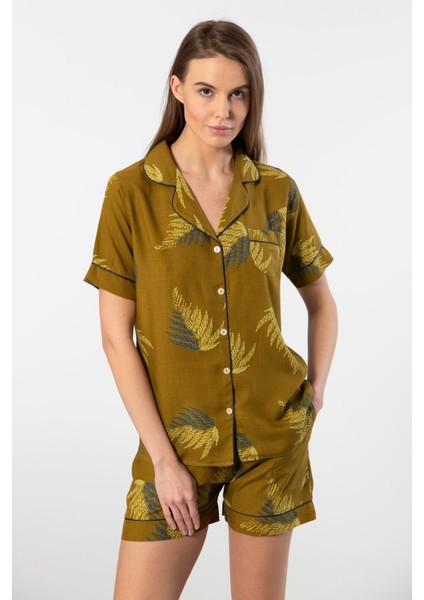 Kadın Desenli Dokuma Şort Pijama Takımı 3605/HAKI