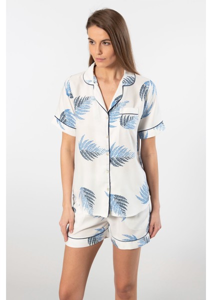 Kadın Desenli Dokuma Şort Pijama Takım 3605/EKRU
