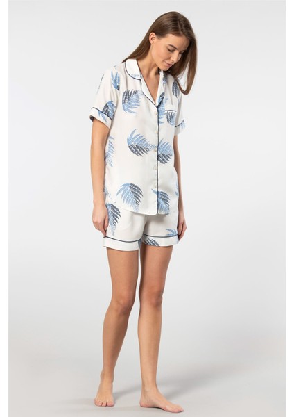 Kadın Desenli Dokuma Şort Pijama Takım 3605/EKRU