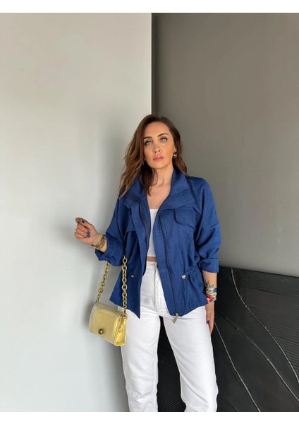 Qimene Kadın Iri Cepli Beli Büzgülü Bol Yakalı Düz Oversize Mont