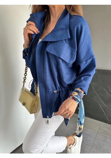 Qimene Kadın Iri Cepli Beli Büzgülü Bol Yakalı Düz Oversize Mont