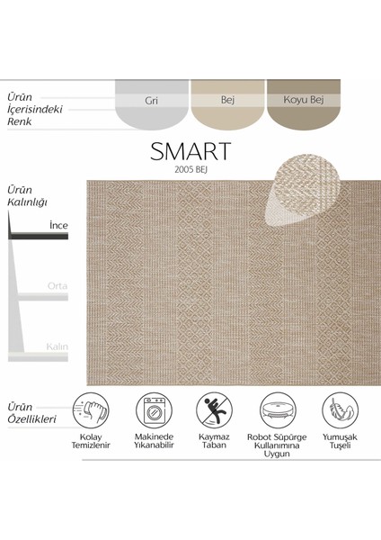 Smart 2005 Bej Kilim Halı Makinede Yıkanabilir İnce Kaymaz Taban Halı Dokuma Yazlık Balkon Kilimi
