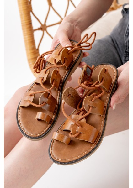 205-01 Taba Bilekten Bağlamalı Ortopedik Deri Kadın Sandalet fırsatları