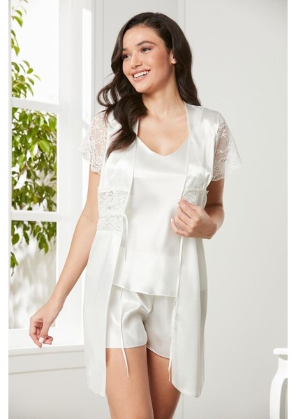 Ekru Saten Dantelli 3'lü Kadın Sabahlık-Şort Takım 2480