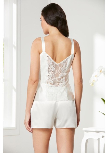 Ekru Saten Dantelli 3'lü Kadın Sabahlık-Şort Takım 2480 indirimleri