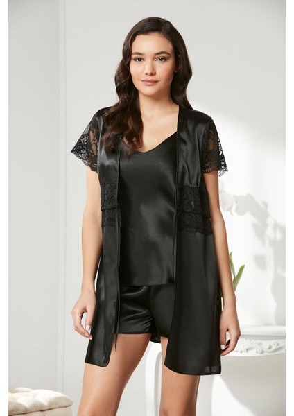 Siyah Saten Dantelli 3'lü Kadın Sabahlık-Şort Takım 2480 fiyatları