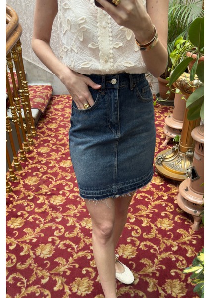 Bermuda Pis Dikişli Jean Etek- Mavi