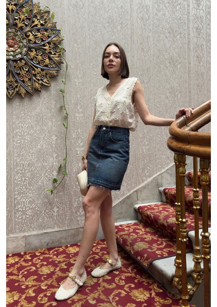 Bermuda Pis Dikişli Jean Etek- Mavi fiyatları