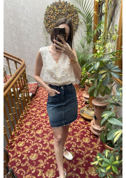 Bermuda Pis Dikişli Jean Etek- Mavi modelleri