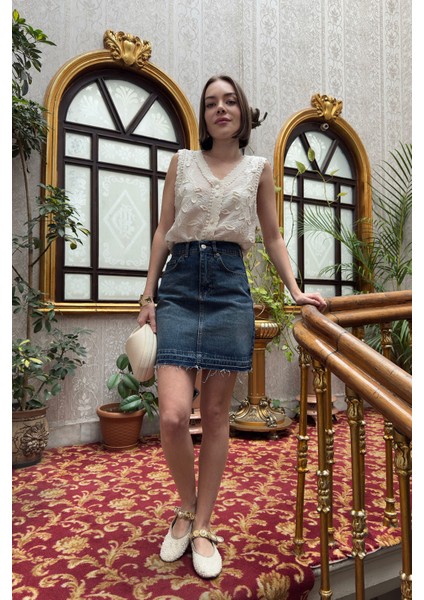 Bermuda Pis Dikişli Jean Etek- Mavi fırsatları