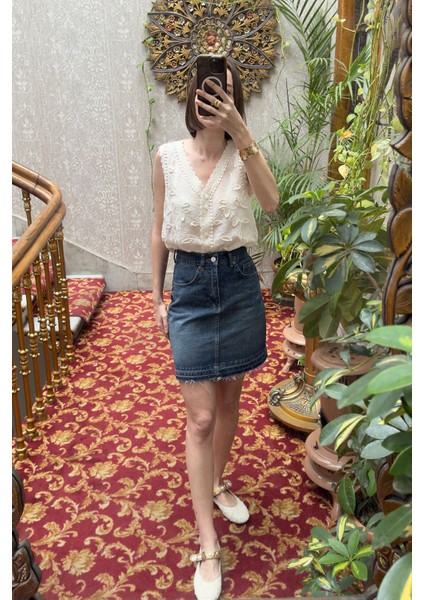 Bermuda Pis Dikişli Jean Etek- Mavi indirimleri