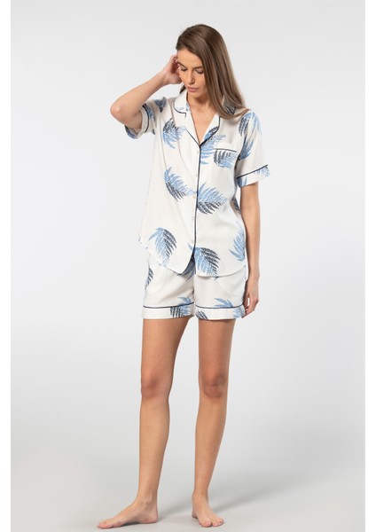 Kadın Desenli Dokuma Şort Pijama Takım 3605/EKRU