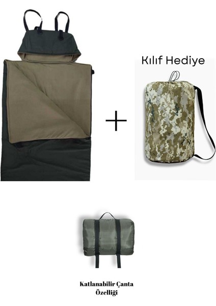 Haki Uyku Tulumu(-20 Derece) Su GEÇIRMEZ(215×75 Cm) 220 gr ELYAF/180 gr Polar Kamp&deprem