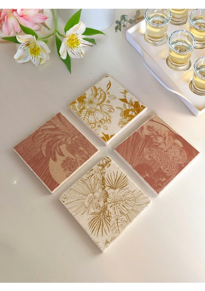 Tropikal Çiçek ve Yaprak Desenli Doğal Taş Bardak Altlığı 4’lü Set, Şık Sunum ve Sofra Dekoru