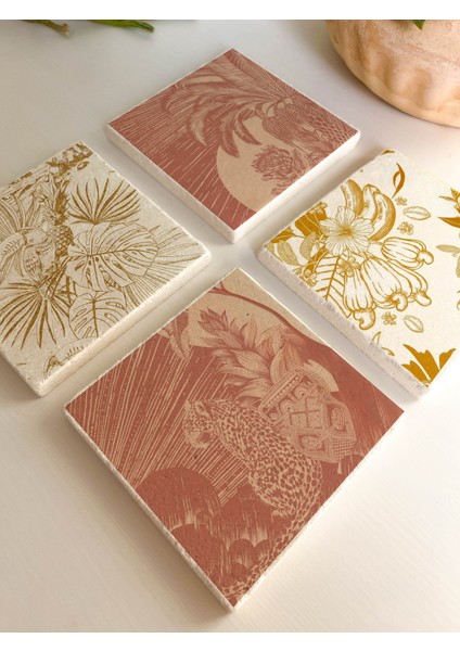 Tropikal Çiçek ve Yaprak Desenli Doğal Taş Bardak Altlığı 4’lü Set, Şık Sunum ve Sofra Dekoru fiyatları