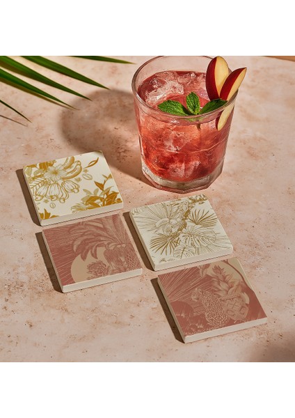 Tropikal Çiçek ve Yaprak Desenli Doğal Taş Bardak Altlığı 4’lü Set, Şık Sunum ve Sofra Dekoru modelleri