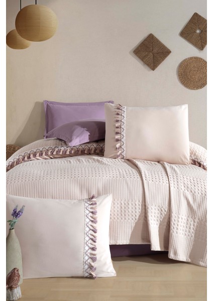 Butik Tek Kişilik Püsküllü Pike Takımı Bohamline V8 Taş Rengi