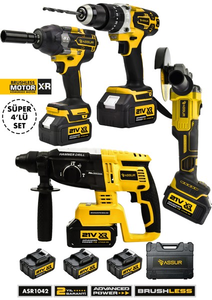 4 Lü Set Şarjlı Kömürsüz Motor Matkap Vidalama-Kırıcı Delici Hılti-Taşlama-Somun Sökme Makinesi Sarı