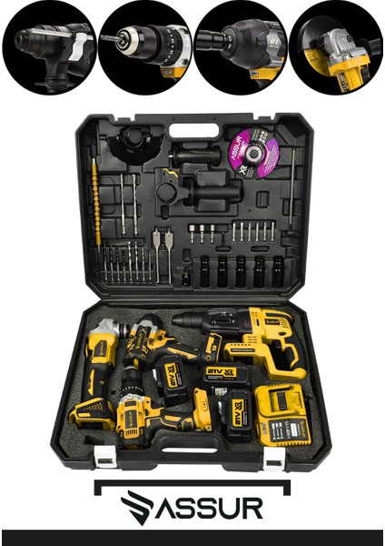 4 Lü Set Şarjlı Kömürsüz Motor Matkap Vidalama-Kırıcı Delici Hılti-Taşlama-Somun Sökme Makinesi Sarı