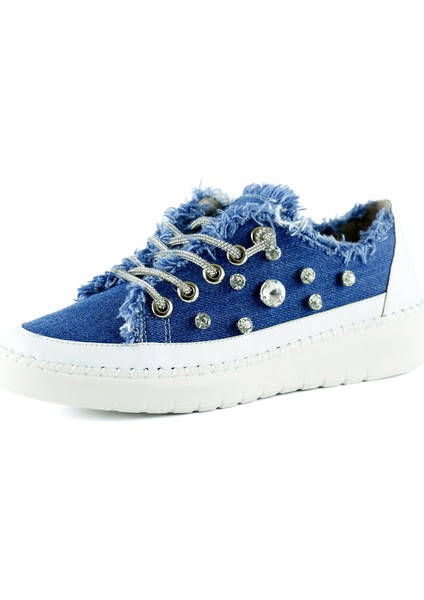 Valentina Mavi Denim Kristal Taşlı Gümüş Bağcıklı Sneaker
