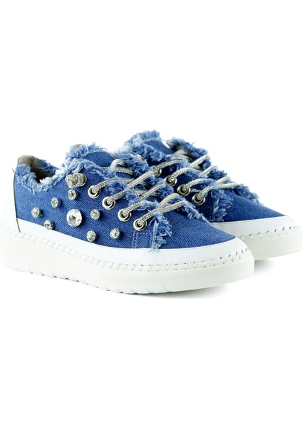 Valentina Mavi Denim Kristal Taşlı Gümüş Bağcıklı Sneaker