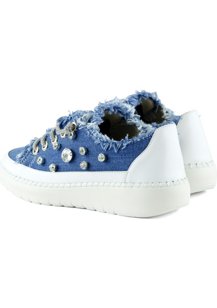Valentina Mavi Denim Kristal Taşlı Gümüş Bağcıklı Sneaker