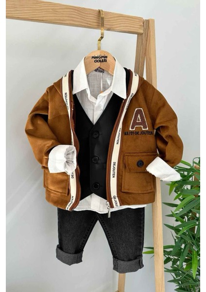 Şerit Detaylı Cepkenli Erkek Çocuk 4 lü takım - Siyah