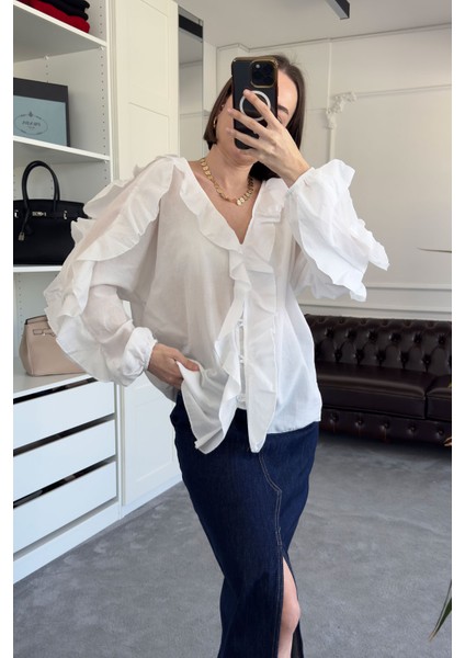 Vual Bağlamalı Orj Gömlek- Beyaz